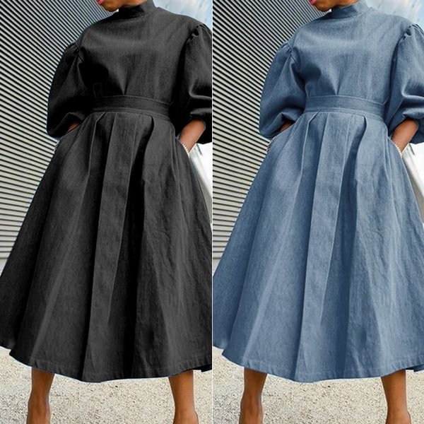 Women Long Sleeve Slim Solid High Waist Pleated A-Line Denim Maxi Dresses Plus Size - BlackFridayBuys