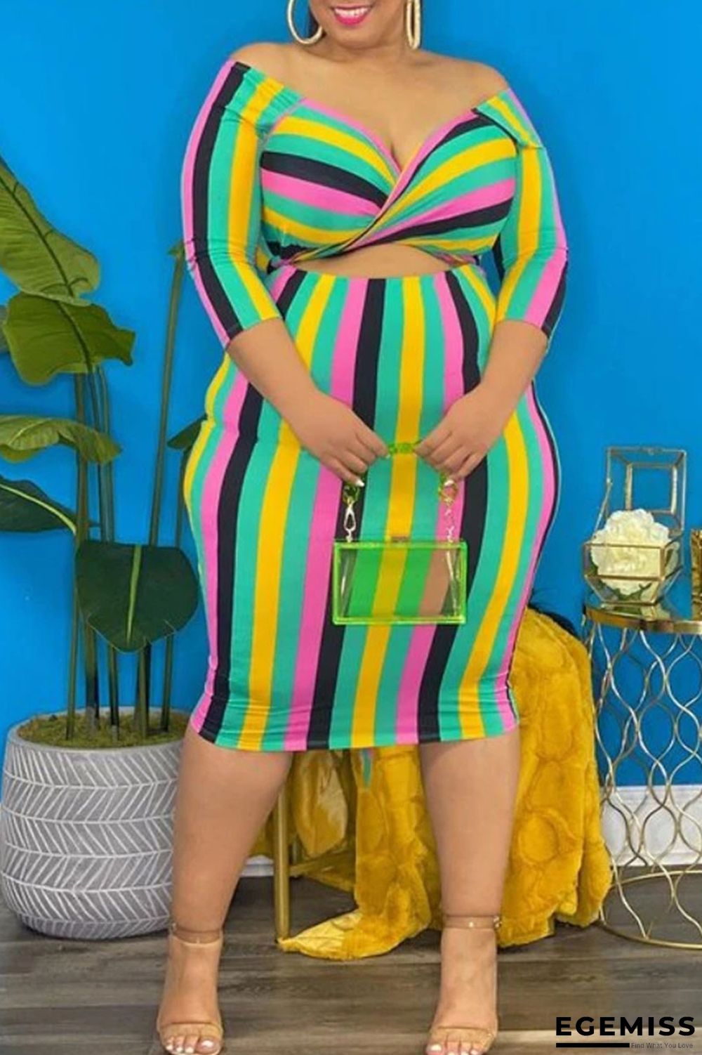 Pink Fashion Sexy Striped Patchwork V Neck One Step Skirt Plus Size Dresses | EGEMISS
