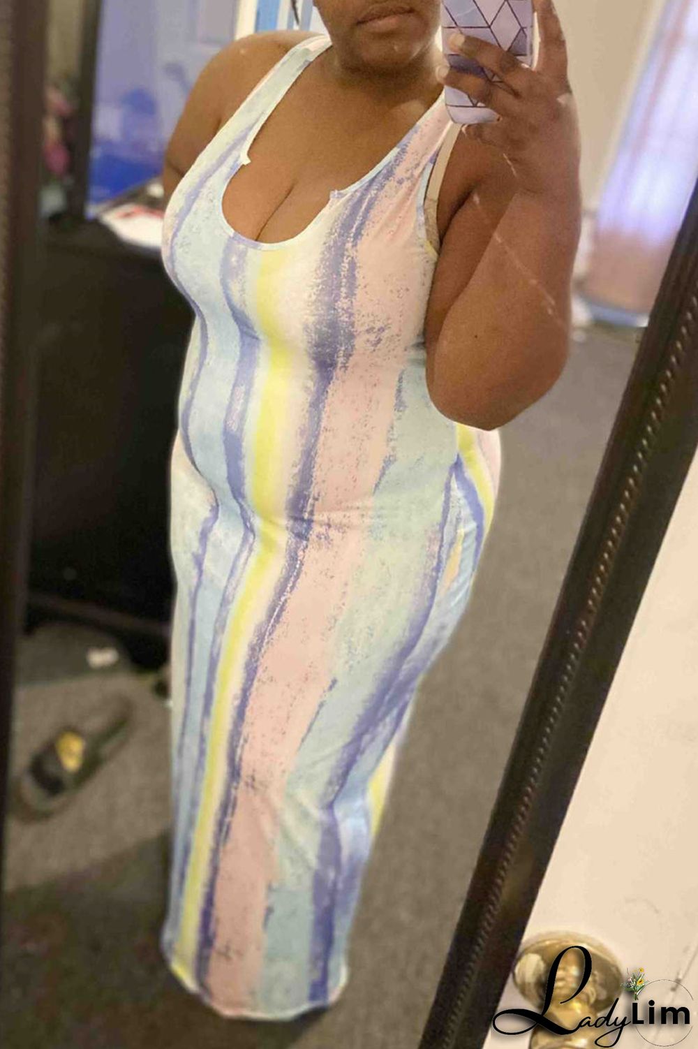 Blue Fashion Casual Plus Size Print Basic U Neck Vest Dress