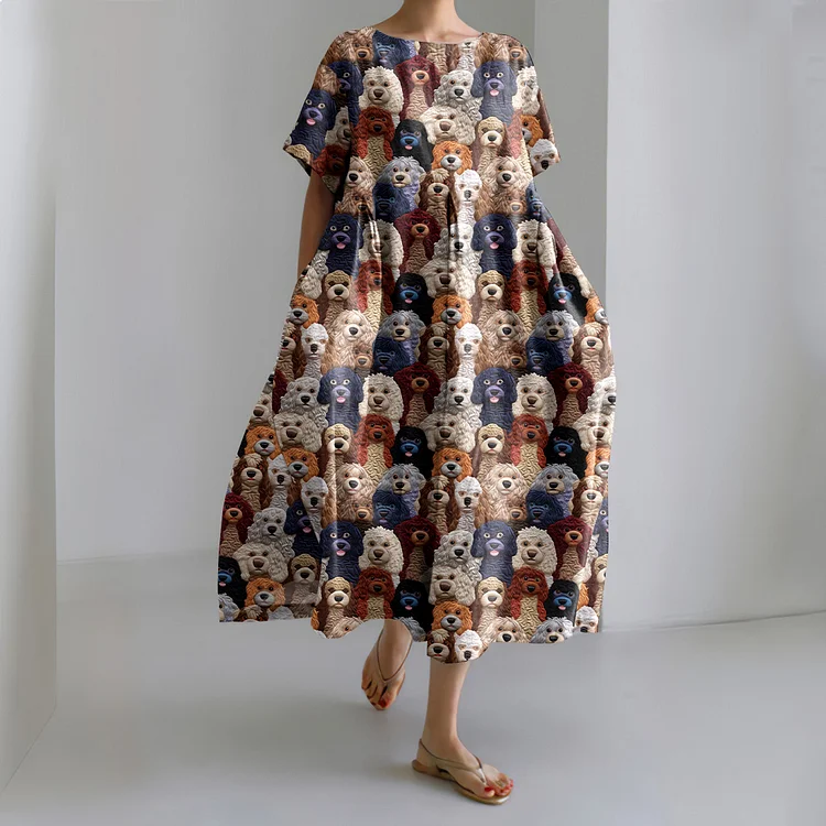 Dog Print Crew Neck Short Sleeve Midi Dress