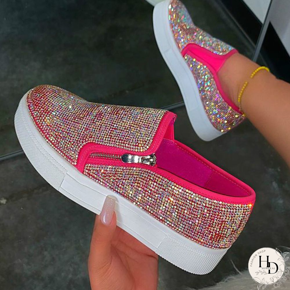 Rose Red Casual Patchwork Rhinestone Round Comfortable Out Door Flats Shoes