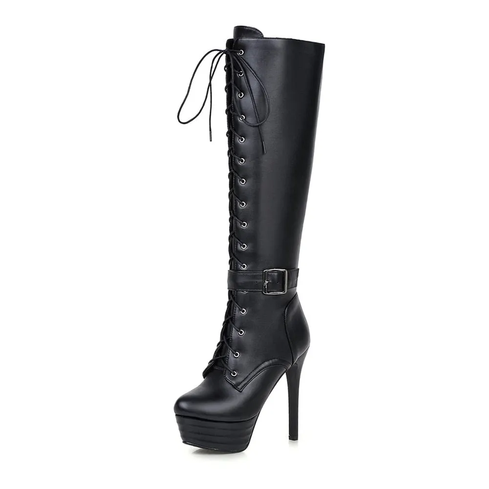 BONJOMARISA Plus Size 31-45 shoes lace 13 Cm Super High Heels Mortorcycle Boots Women 2020 Fashion High Platform Shoes Woman