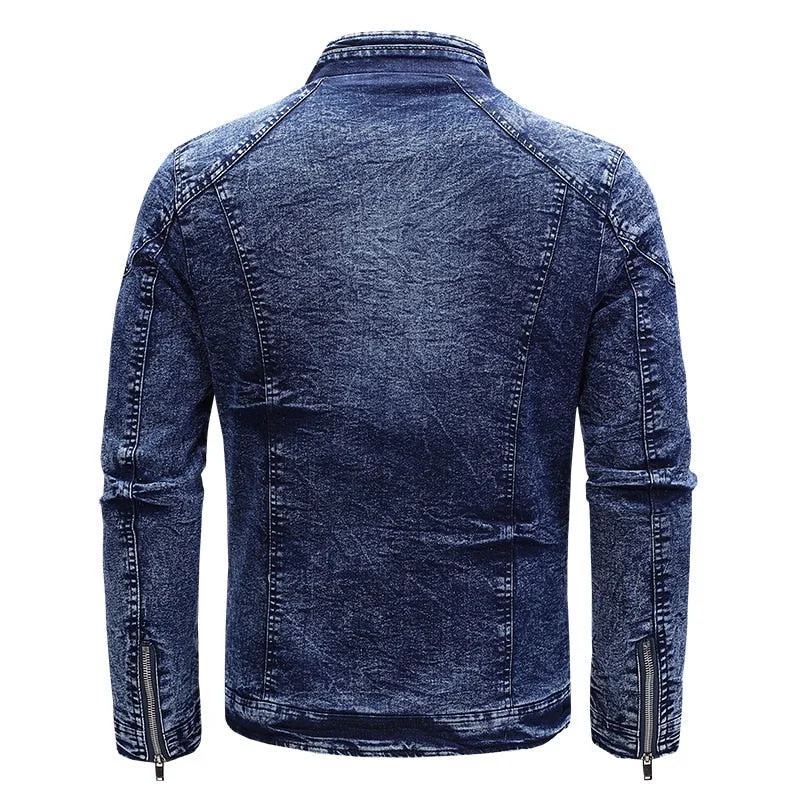 Huiketi Motorcycle Denim Jacket Men Retro Zippers Stand Collar Denim Coats Mens Cotton Slim Fit Denim Jacket Moto Biker Outerwear