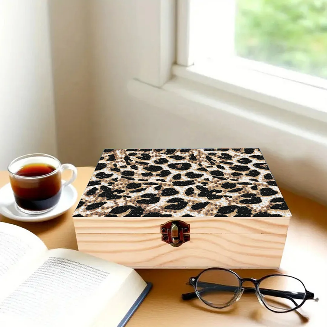 5D DIY Diamond Painting Handmade Wood Storage Box for Home Decor (Leopard Print)