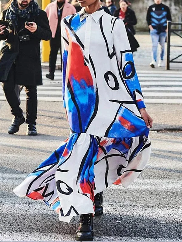 Abstract Printed Split-Joint Long Sleeves Loose Lapel Maxi Dresses