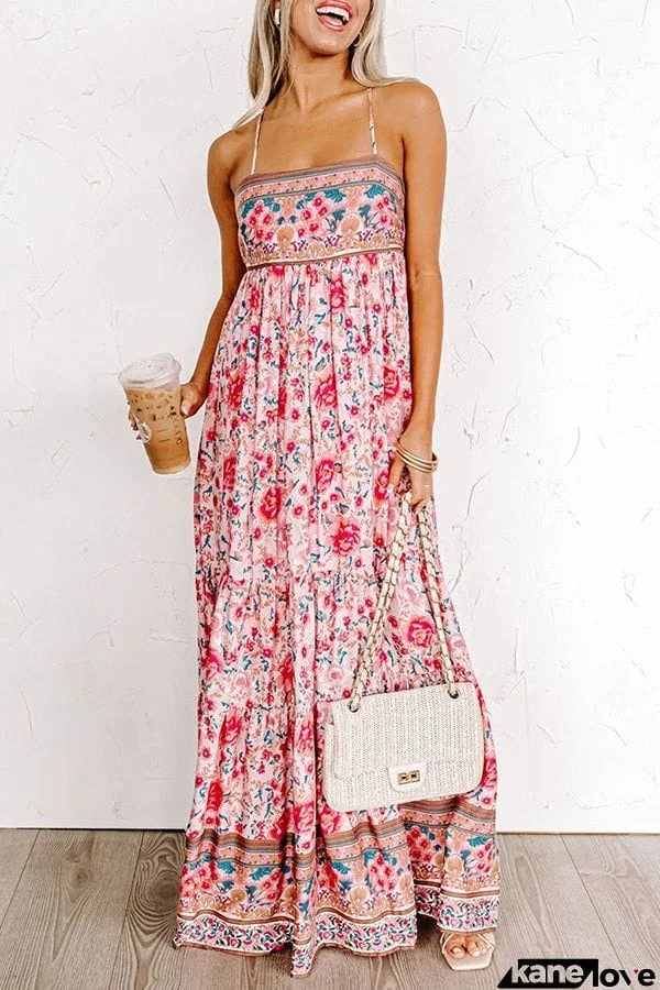 Sunny Day Darling Boho Printed Back Adjustable Tie Maxi Dress