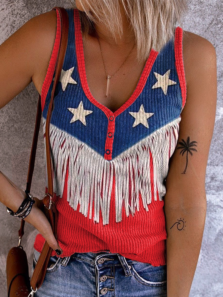Comstylish American Flag Inspired Fringe Button Up Tank Top