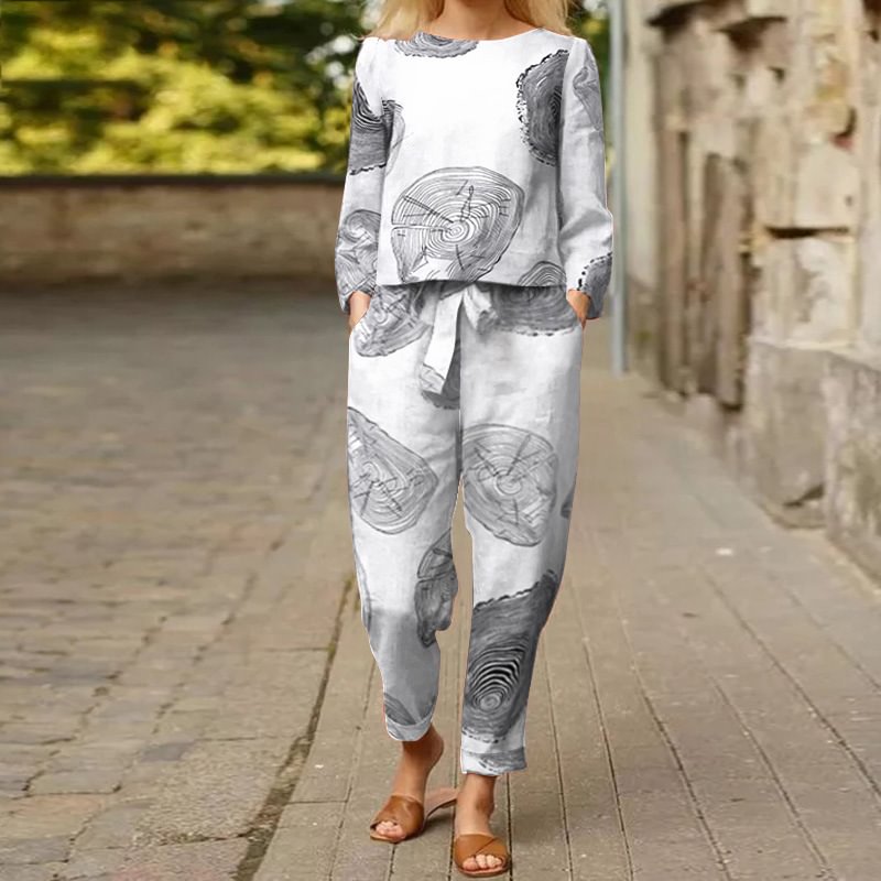 Printed casual top and pant set in cotton and linen