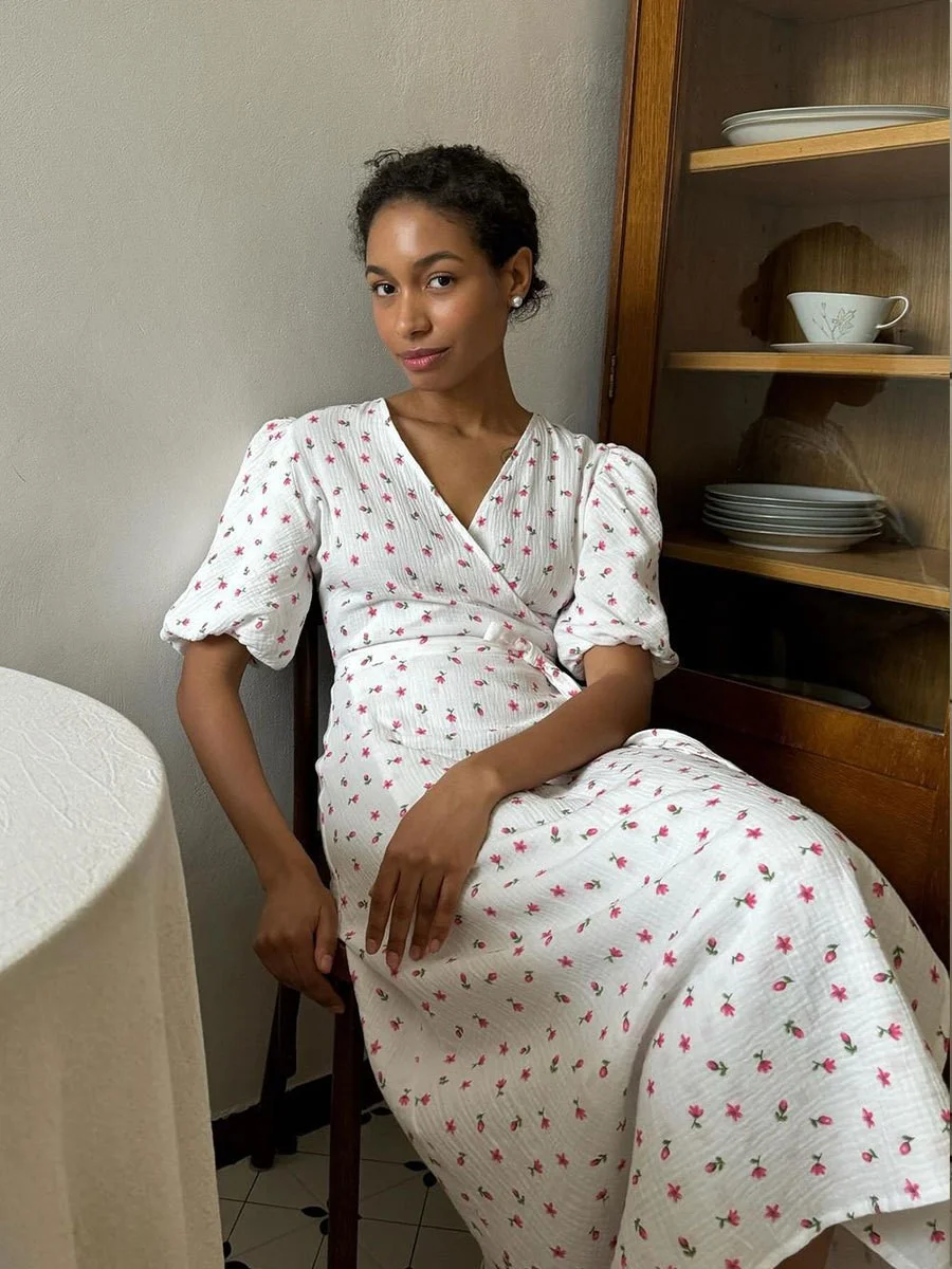 Ueong Print Dress 2024 New Women's Bubble Sleeve V Tie With Short Sleeve Print Dress