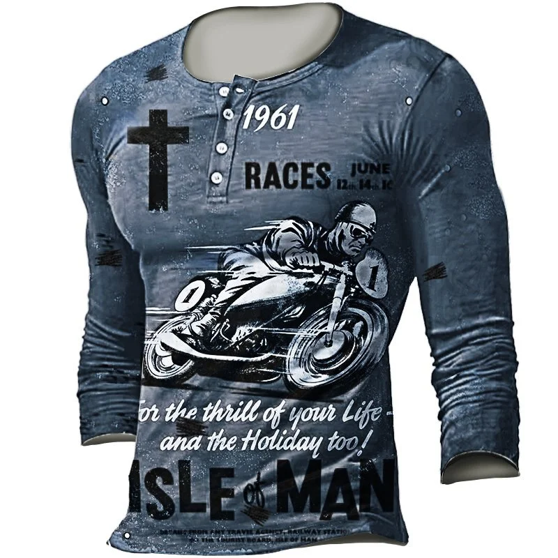Men's Retro Long Sleeve Motorcycle Print T-shirt