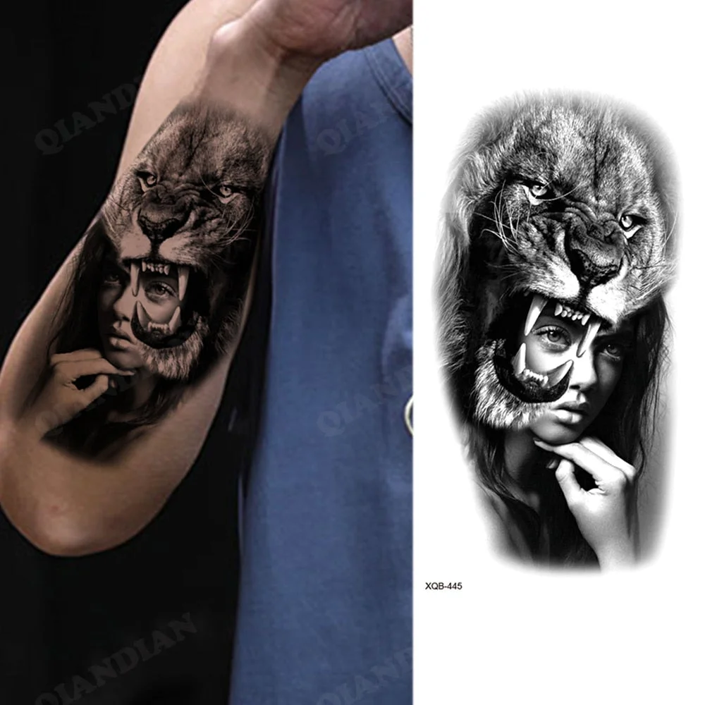 1pc Lion Men Waterproof Temporary Tattoos Fake Stickers Arm Hand Cool Art Black Transfer Clock