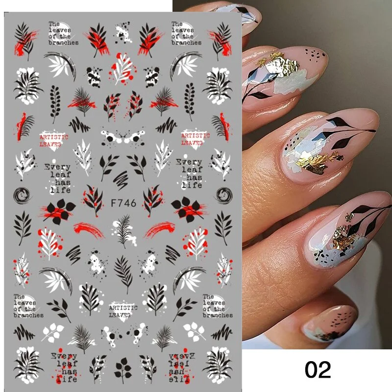 1PC Black White Stripe Lines Leaves Flower 3D Nail Sticker Butterfly Floral Transfer Decals Slider DIY Nail Art Decoration Wraps