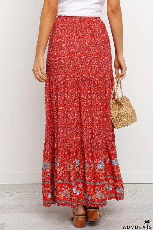 Boho Floral Print Elastic High Waist Pleated A Line Maxi Skirt