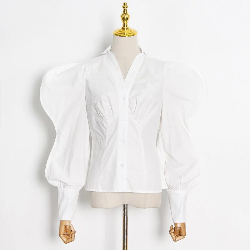 Cartoonh White Slim Temperament Shirt For Women V Neck Long Sleeve Casual Joker Blouse Female Fashion New Clothing Spring