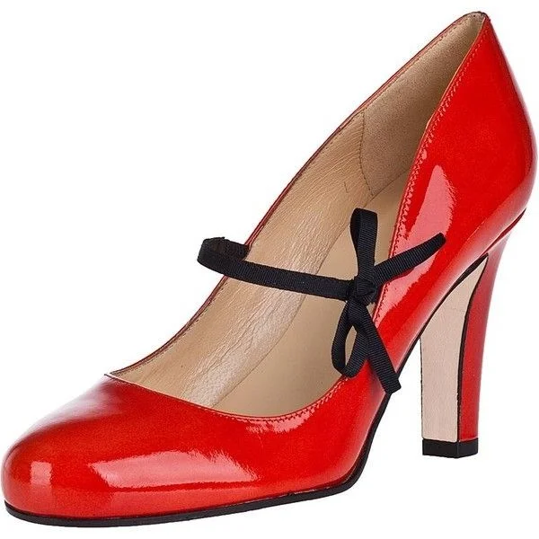 Coral Red Vintage Patent Leather Lace Up Chunky Heels Vdcoo