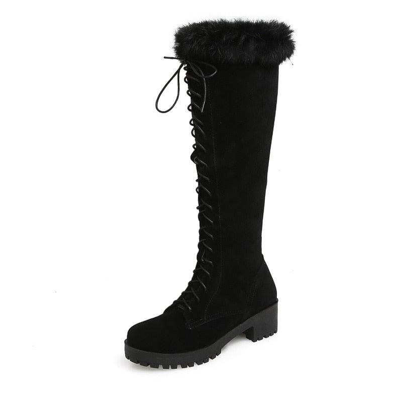 Gdgydh Fashion Rabbit Fur Snow Boots For Women Rubber Sole Knee High Boots Winter Warm Shoes Chunky Heel Faux Suede Plus Size