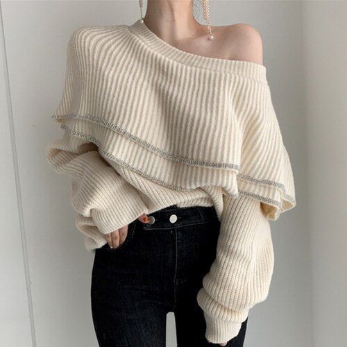 Women Chic Double-Layer Ruffles Long-Sleeve Knit Elegant Pullovers