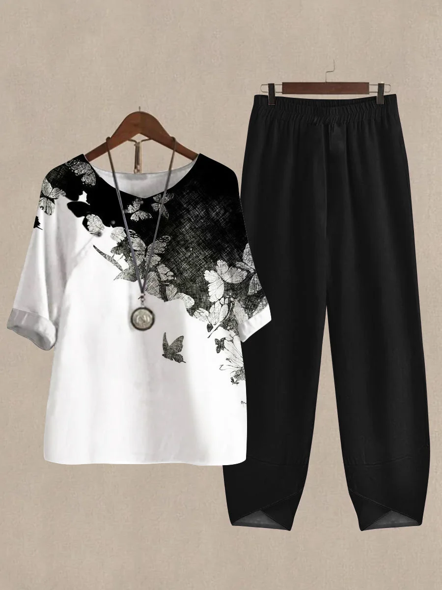 Linen Casual Women's Butterfly Print Two Pieces Set
