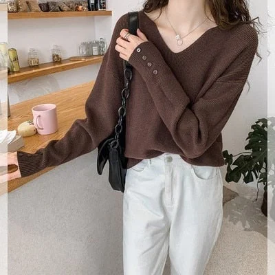Autumn Winter V-neck Female Pullover Sweaters Full Sleeve Loose Casual Elegant Lady Knitwear 2021 Women Knitted Jumpers 11319