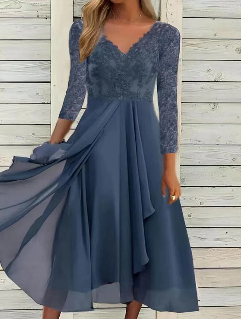 Brownm Brownm And Winter Long-Sleeved Chiffon Dress Splicing V-Neck Lace Hollow-Out Bridesmaid Evening Dress