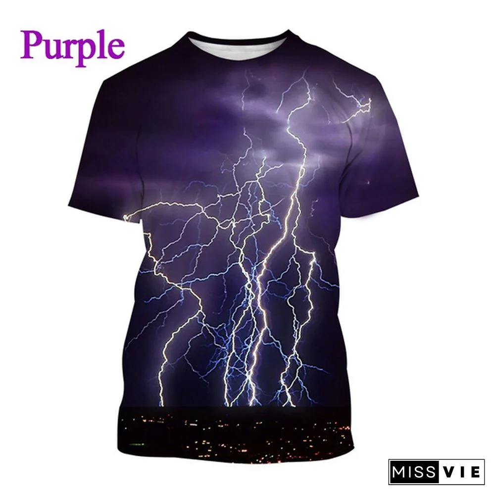 New Creative Design Lightning 3D Printing T-shirt Fashion Unisex Personality Natural Phenomenon Pattern Casual Round Neck Short-sleeved T-shirt Top