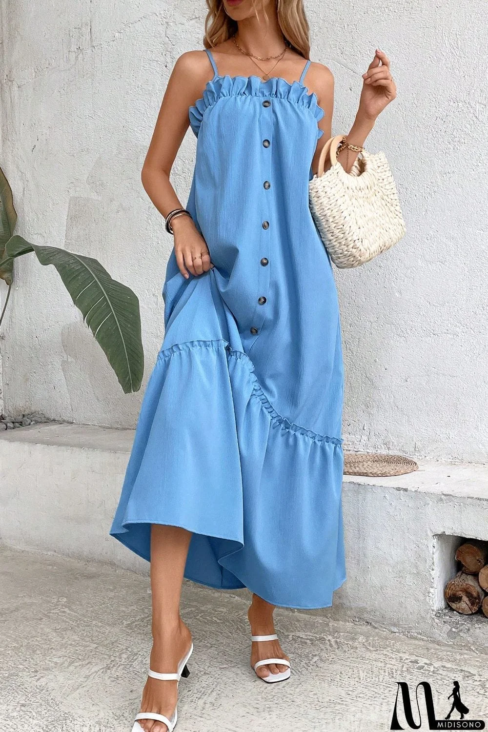 MidiSono - Ruffle Trim Buttoned Sleeveless Maxi Dress