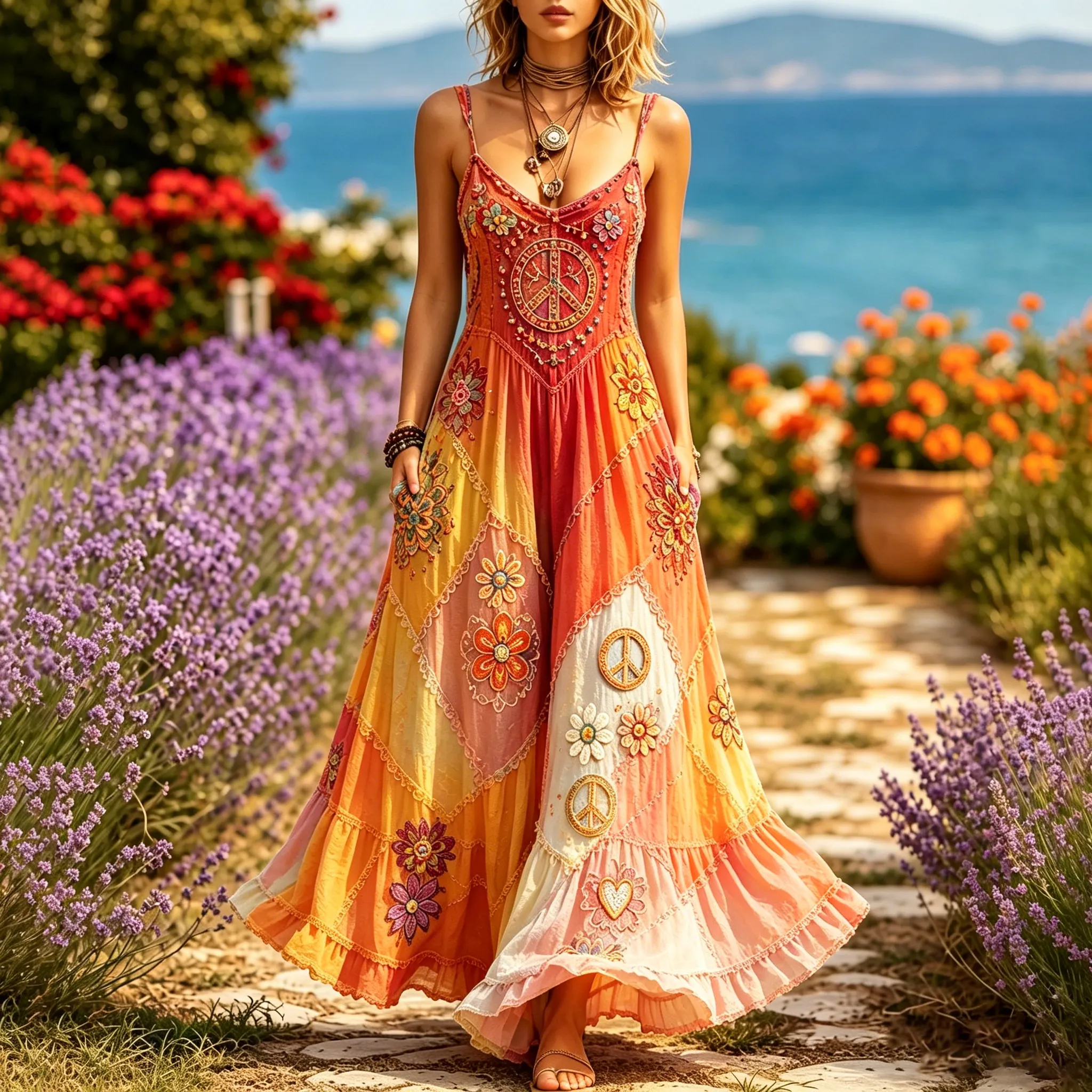 Women's Hippie Floral Peace Sign Contrast Patchwork Sleeveless Dress elevenforest