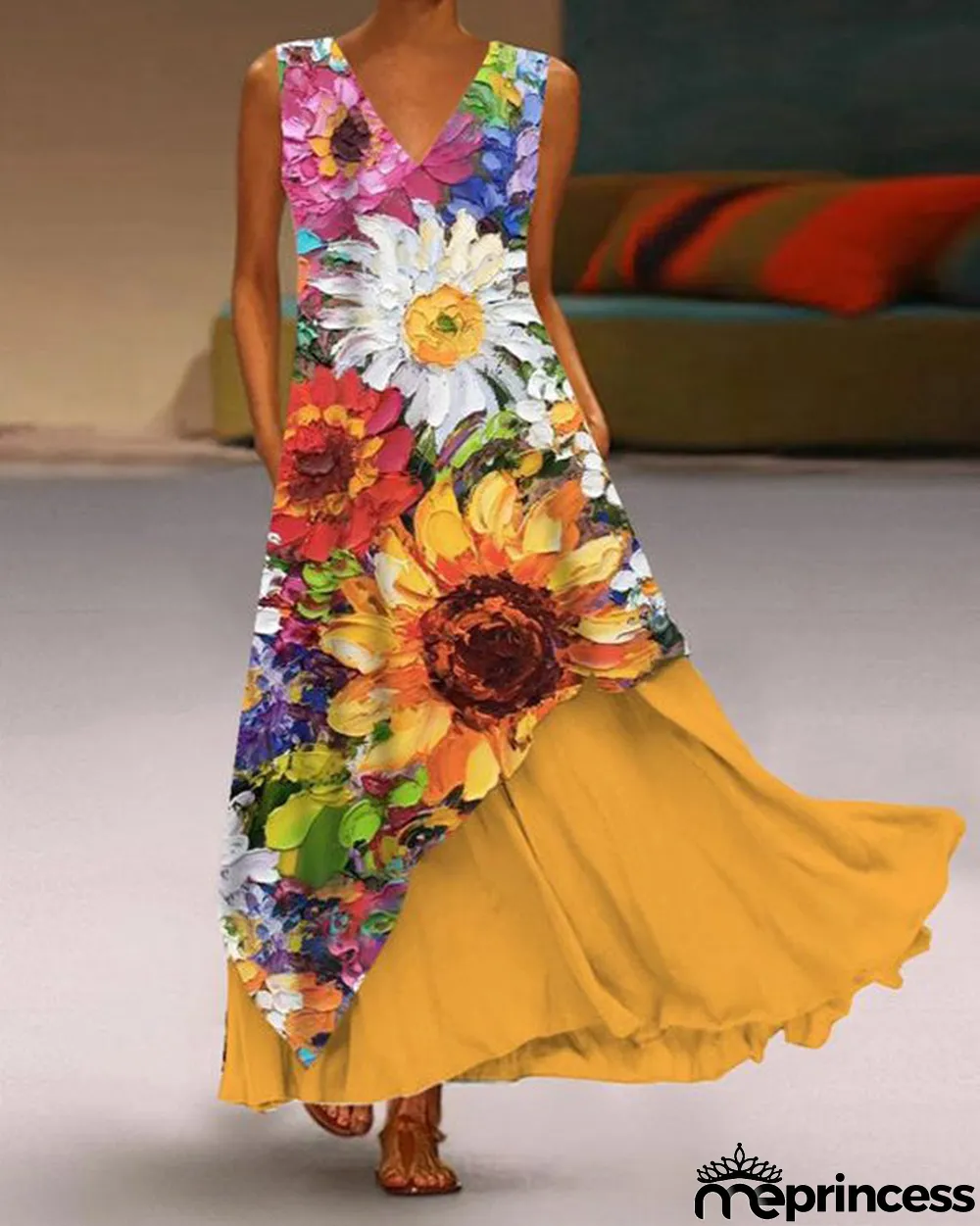 Vacation Sunflower V Neck Short Sleeve Woven Dress