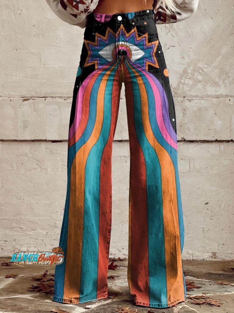 Women’s Color Geometric Eye Print Casual Wide Leg Pants Multicolor / S