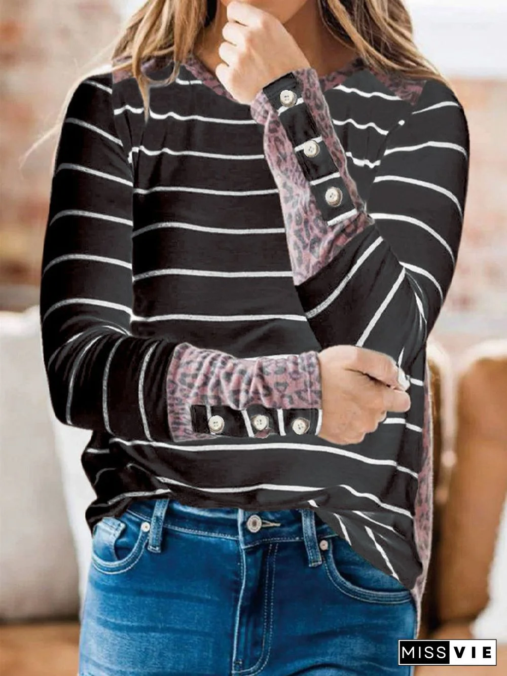 Women's Striped Long Sleeve Scoop Neck Tops