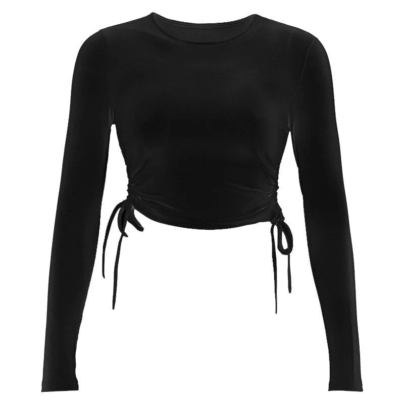 Sexy O-Neck Long Sleeve Bodycon Cropped Tops Autumn 2020 Women Irregular Drawstring Bandage Knitted Solid T-Shirt