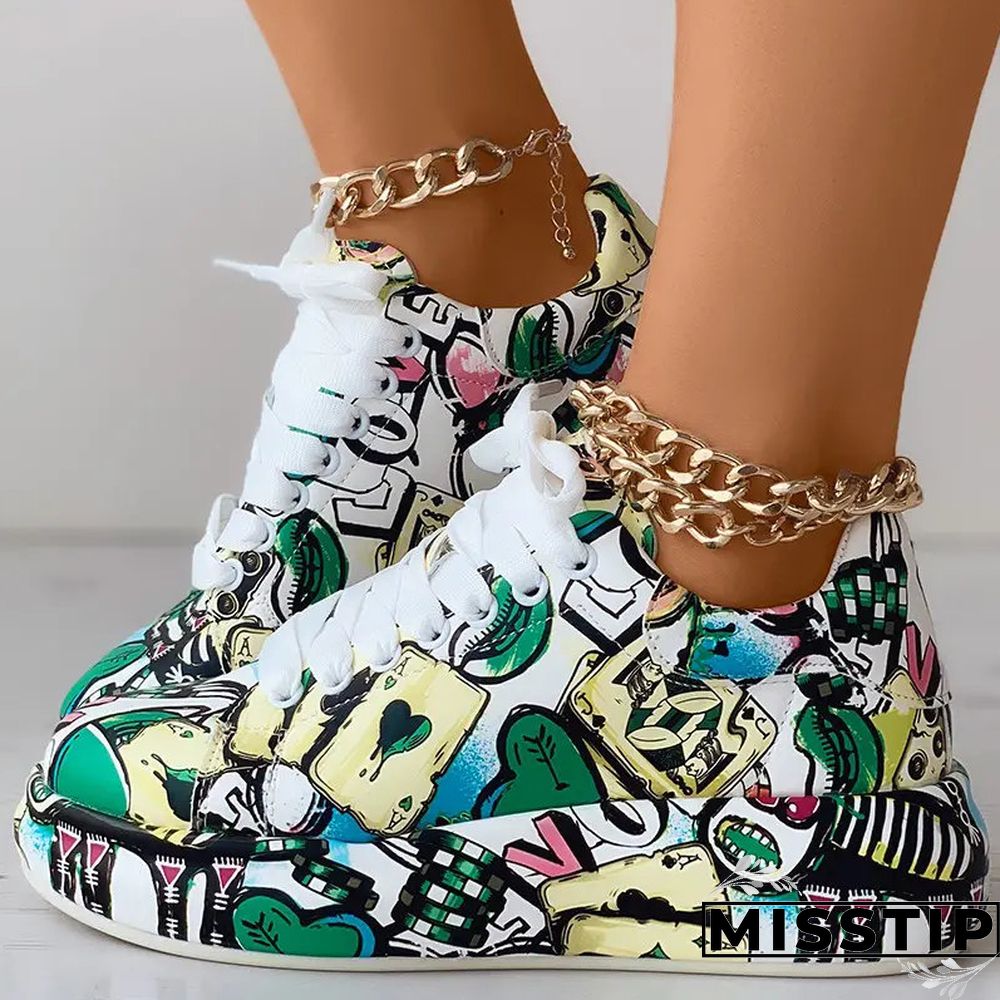 Black Fashion Casual Bandage Graffiti Round Comfortable Out Door Shoes