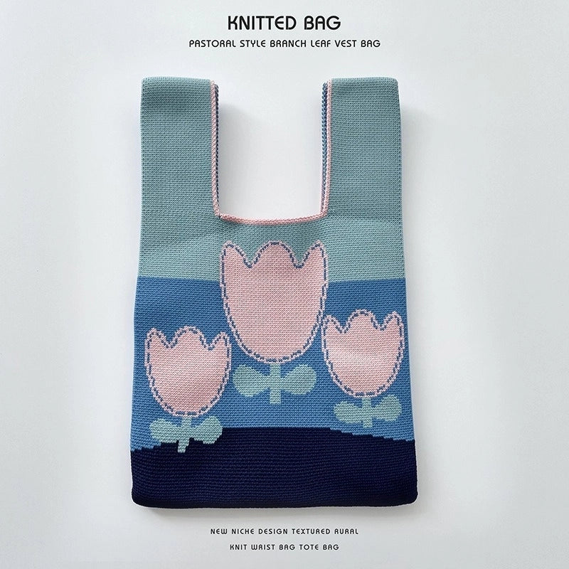 Women’s Medium Knit Letter Flower Cute Vintage Style Square Open Handbag