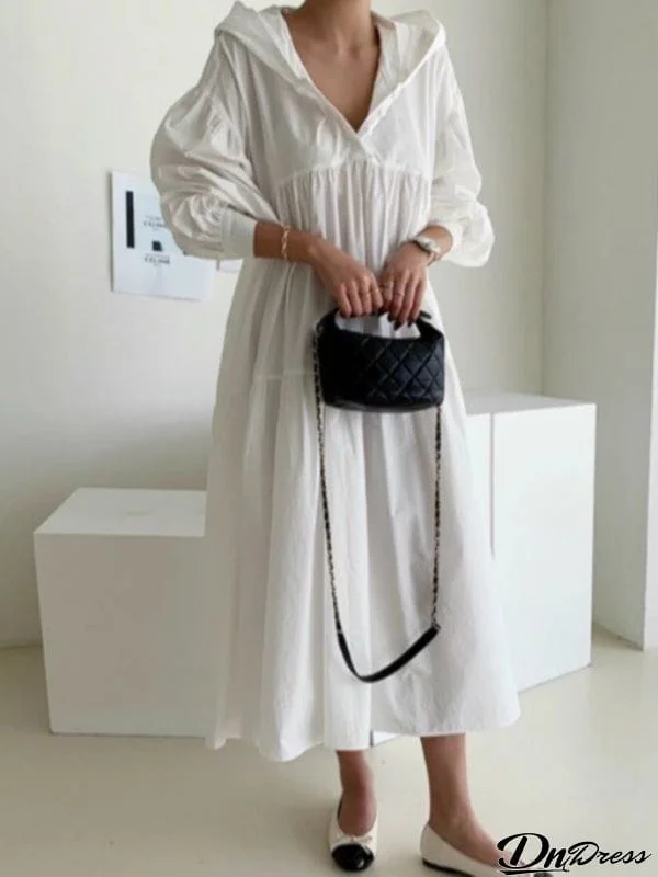 Urban Solid Color Pleated Long Sleeves Hooded Midi Dress