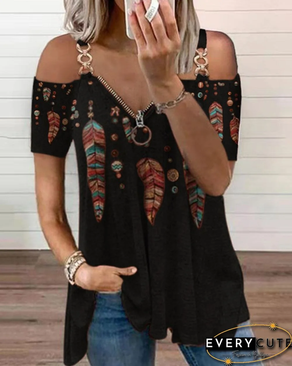 Summer New Fashion Women's Feather Printed Metal Strap Zipper V-neck Casual Strapless Short Sleeve Top Loose Plus Size Soft and Comfortable Summer T Shirt Shirt XS-5XL