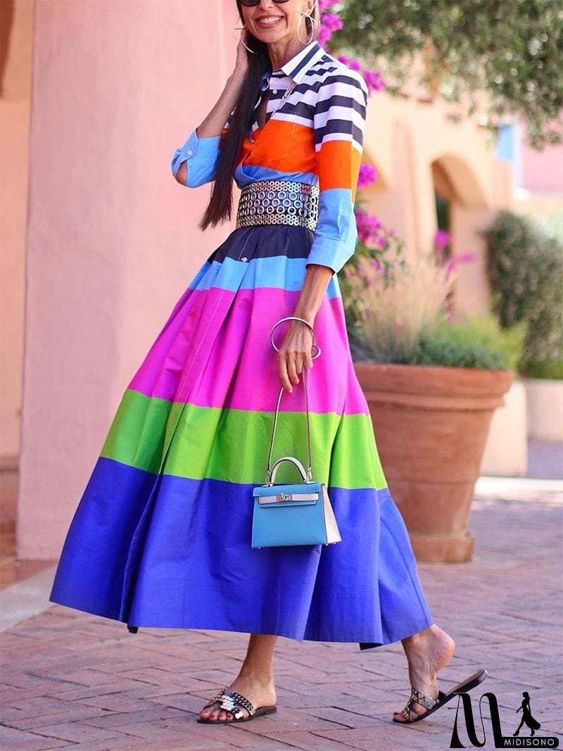 MidiSono - Loose Three-Quarter Sleeves Buttoned Contrast Color Striped Lapel Collar Midi Dresses
