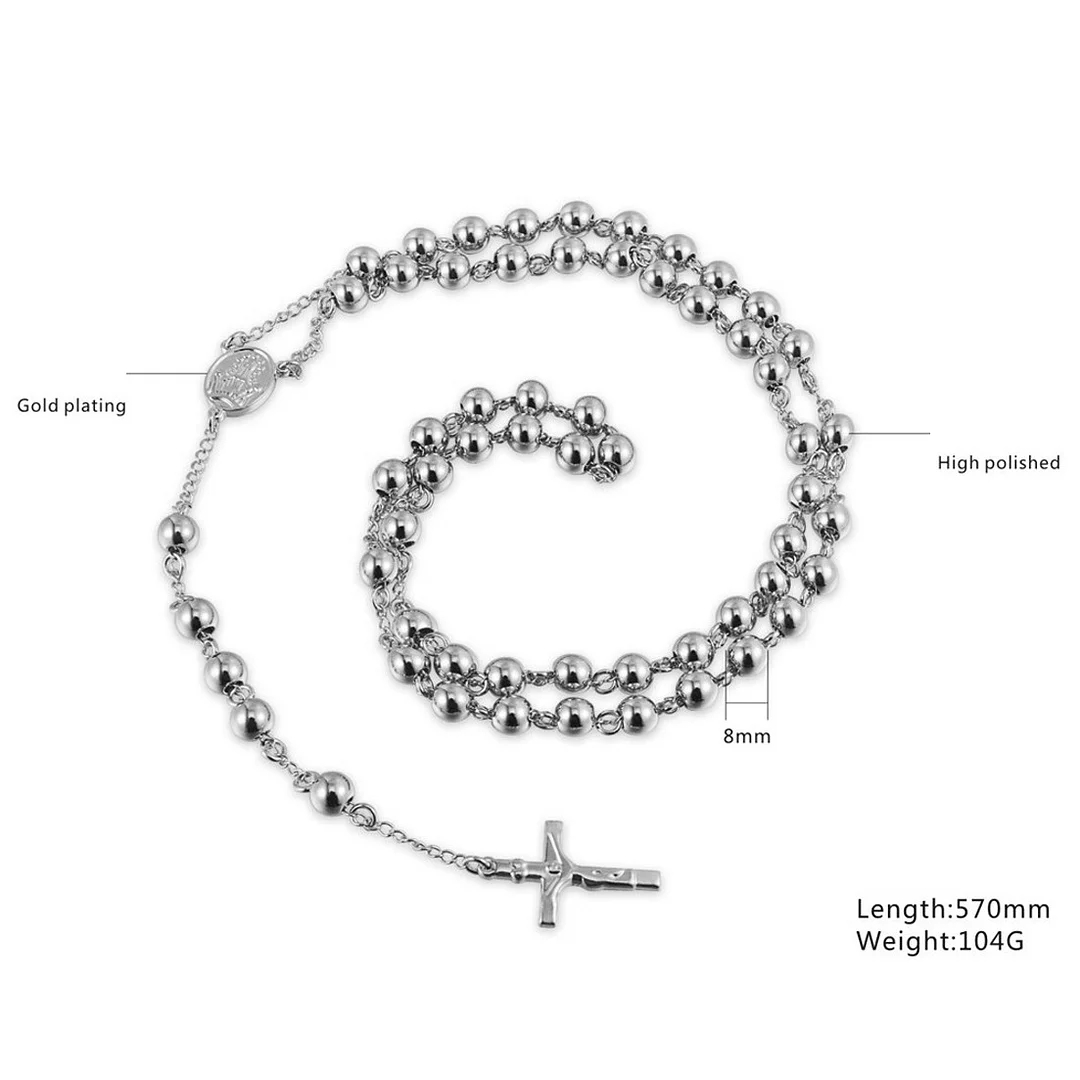 Sliver Titanium Stainless Steel Beads Rosary Necklace Crucifix Jesus Cross Medal Religious Prayer Necklaces 4mm/6mm/8mm/10mm