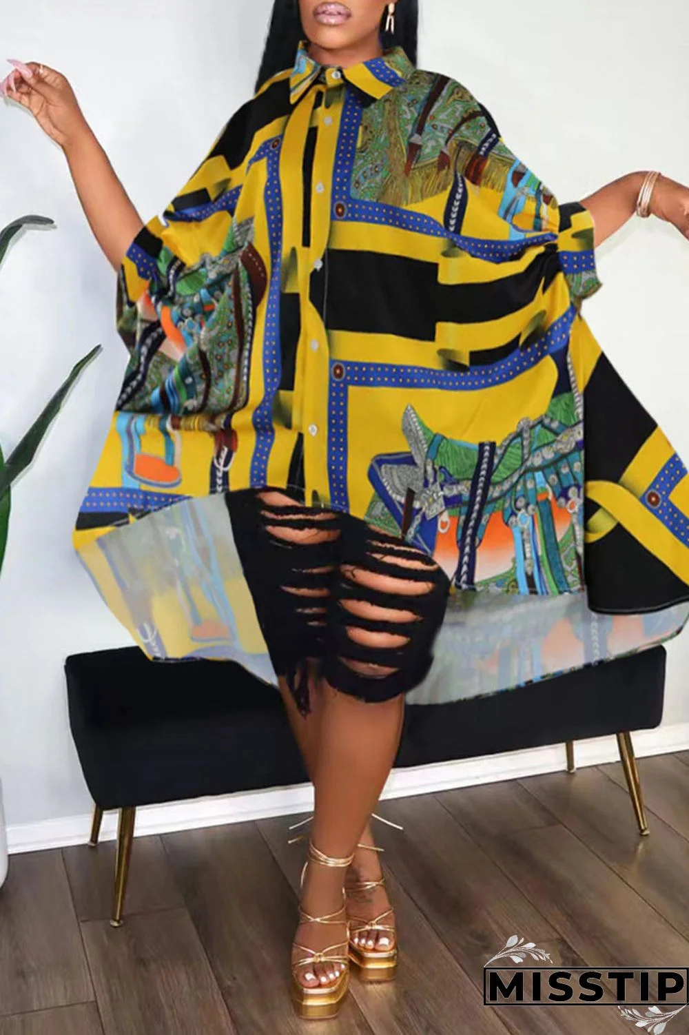 Gold Casual Print Patchwork Buckle Turndown Collar Tops