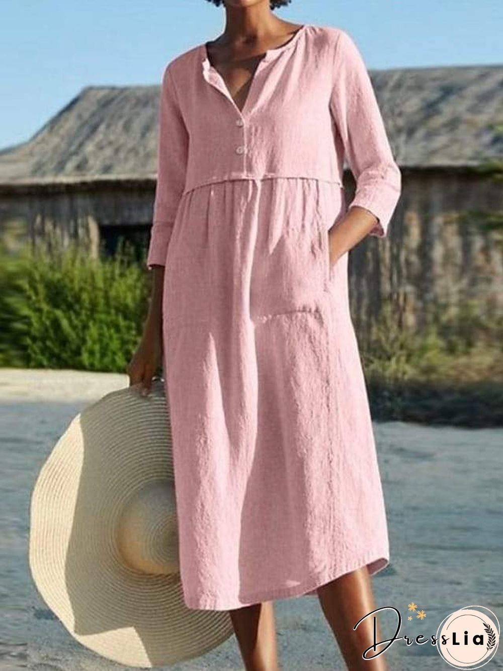 Women's A Line Dress Midi Dress Black Blushing Pink Wine Light Blue 3/4 Length Sleeve Solid Color Pocket Summer Shirt Collar Work Hot Casual Linen S M L XL XXL 3XL 4XL 5XL Linen