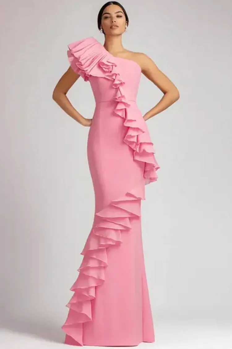 Layered Ruffle One Shoulder Mermaid Maxi Dress-Pink [Custom-Made]