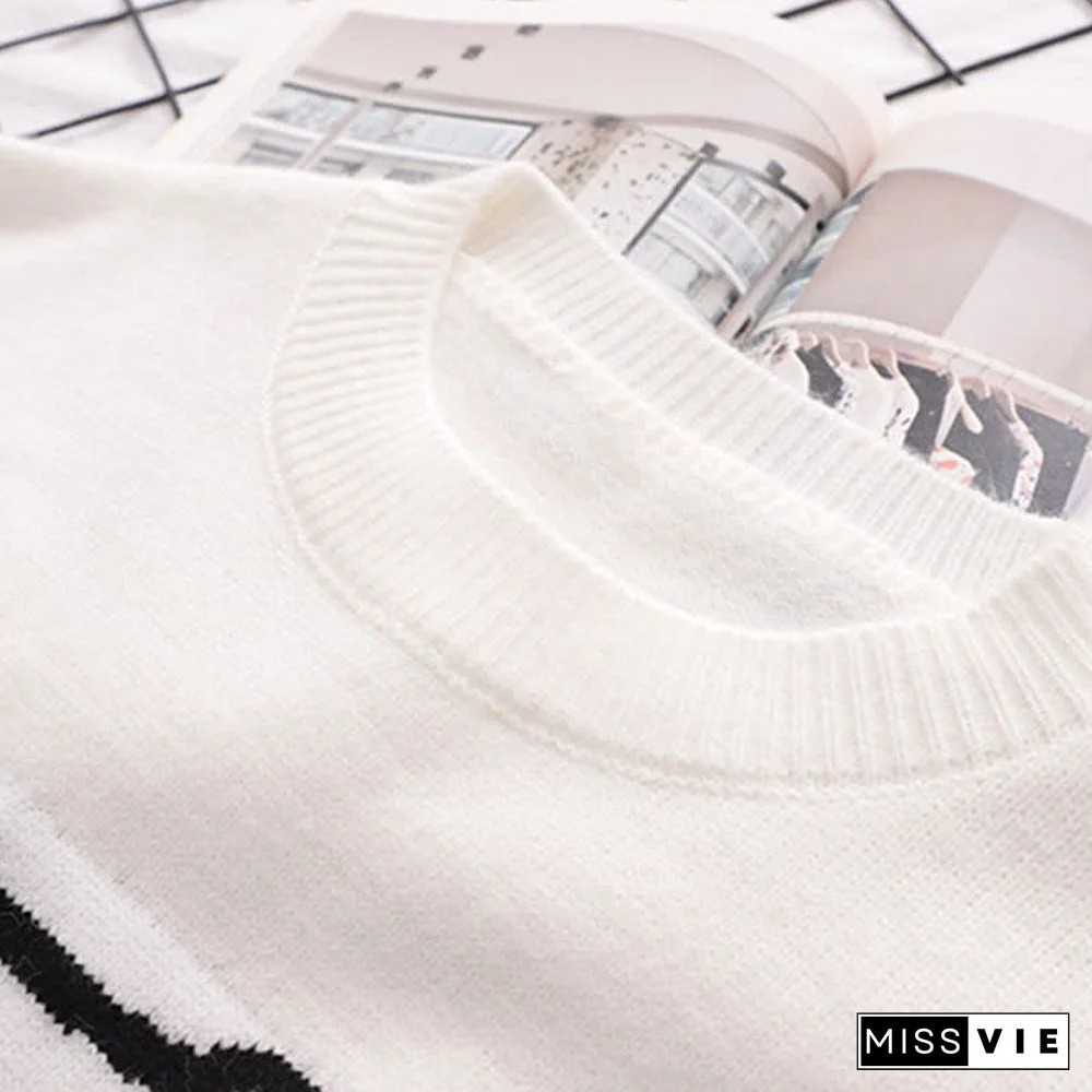 Cartoon Bear Pattern Stripe Sleeve Knit Sweater