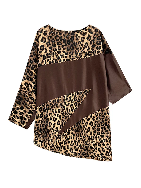 Batwing Sleeves Roomy Asymmetric Contrast Color Leopard Letter Print Split-Joint Round-Neck Mini Dresses