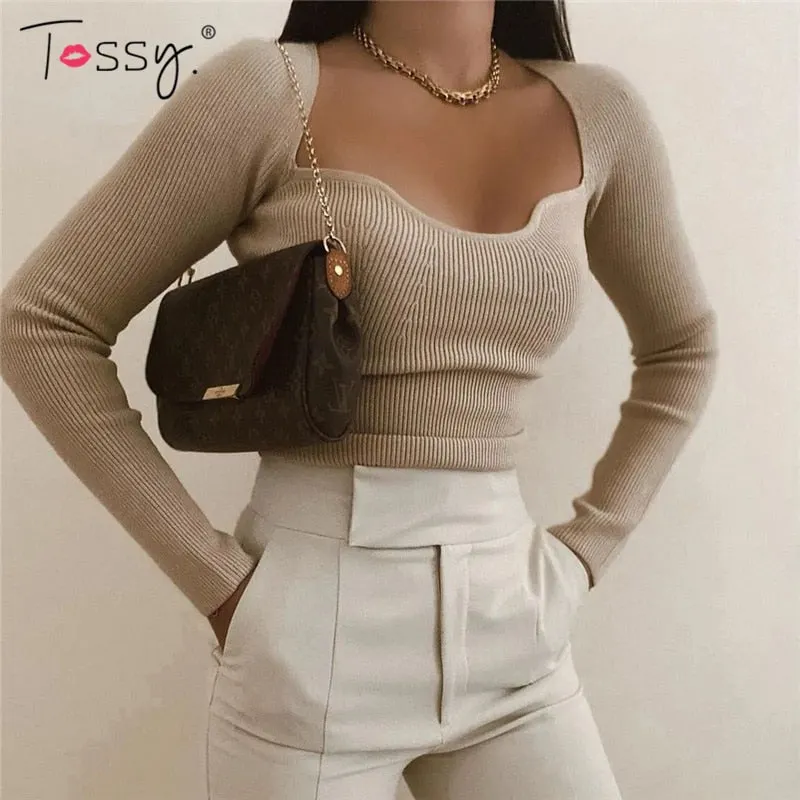 Tossy Long Sleeve Sweater 2021 Autumn Women Knit Ribbed Top Ladies Casual Knitted Tops Pullover Off-Shoulder Knitwear Black