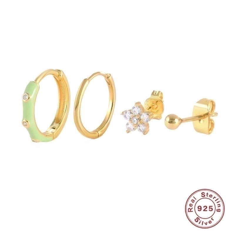 1 Set 925 Sterling Silver Gem Geometric Earrings Ear Studs