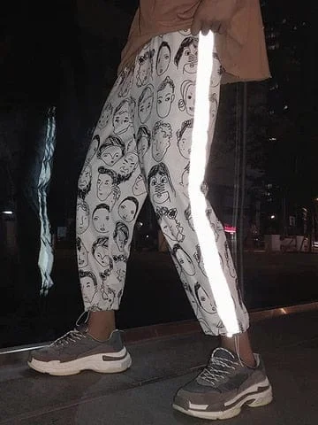 Pornhint HOUZHOU Reflective Pants Women Hip Hop Joggers Women Pant Female Printing Trousers Gothic Plus Size Streetwear Dropshipping