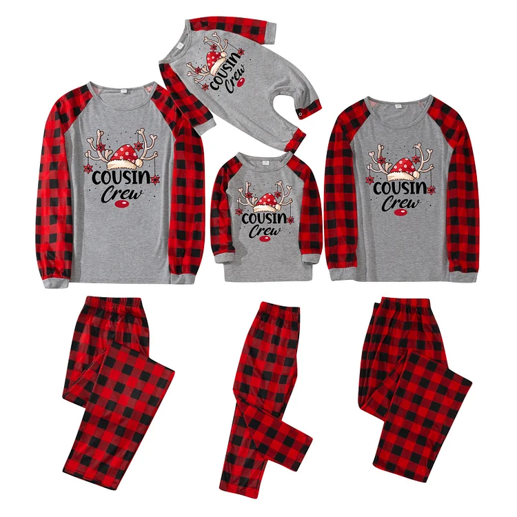 Cousin Crew Christmas Reindeer Print Plaid Family Matching Pajamas Sets(Gray)