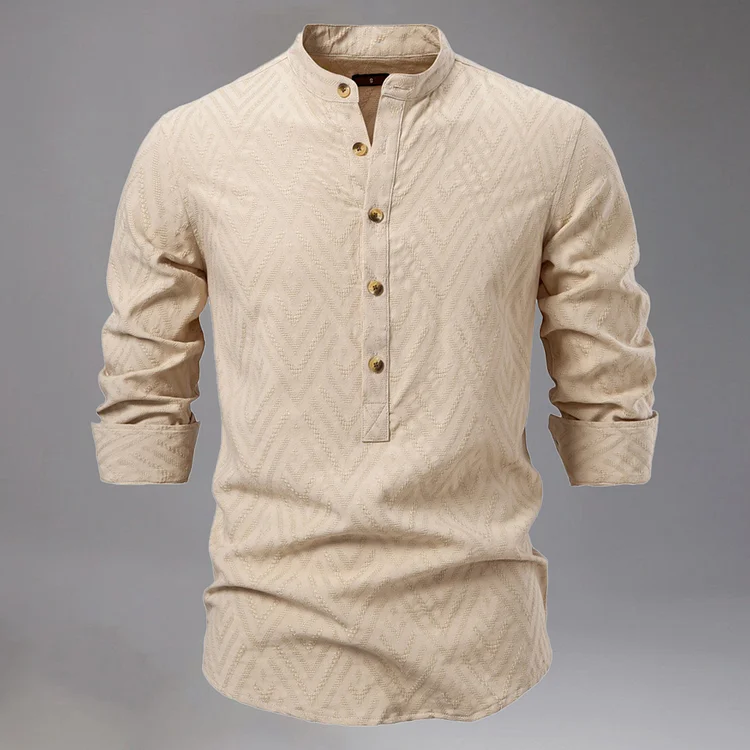 Casual Stand Collar Half Bnutton Jacquard Long Sleeve Shirt 