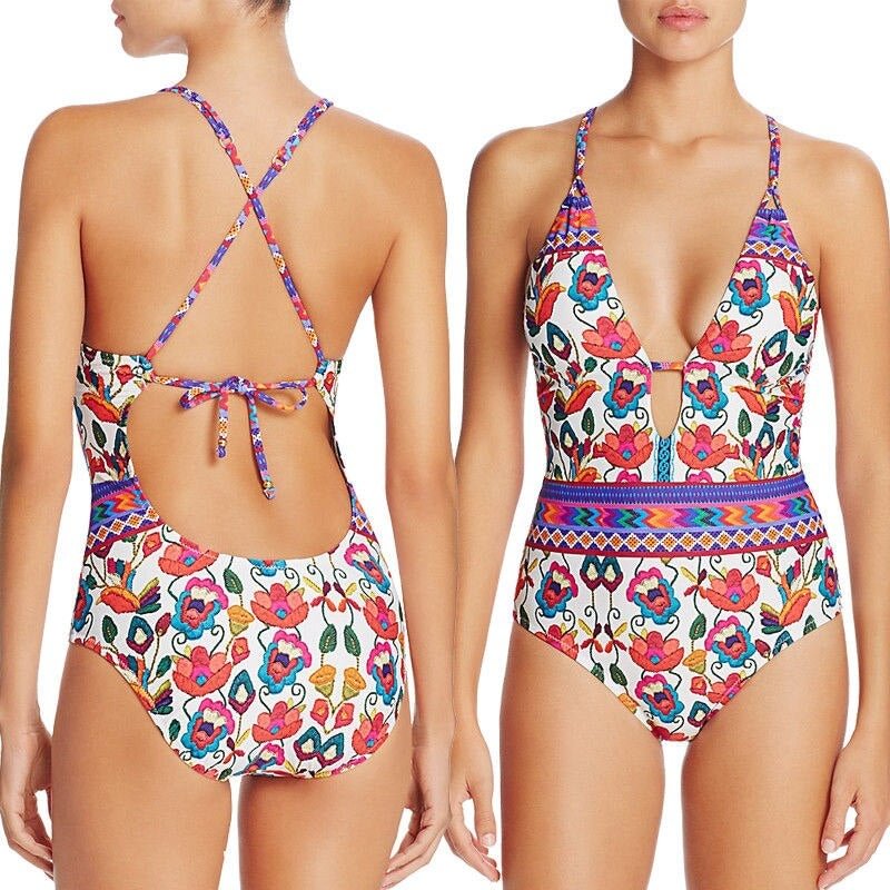 Women Bikini Bandage Push-Up Backless Deep V Neck Floral Padded Bra Floral Swimsuit Bathing Suit