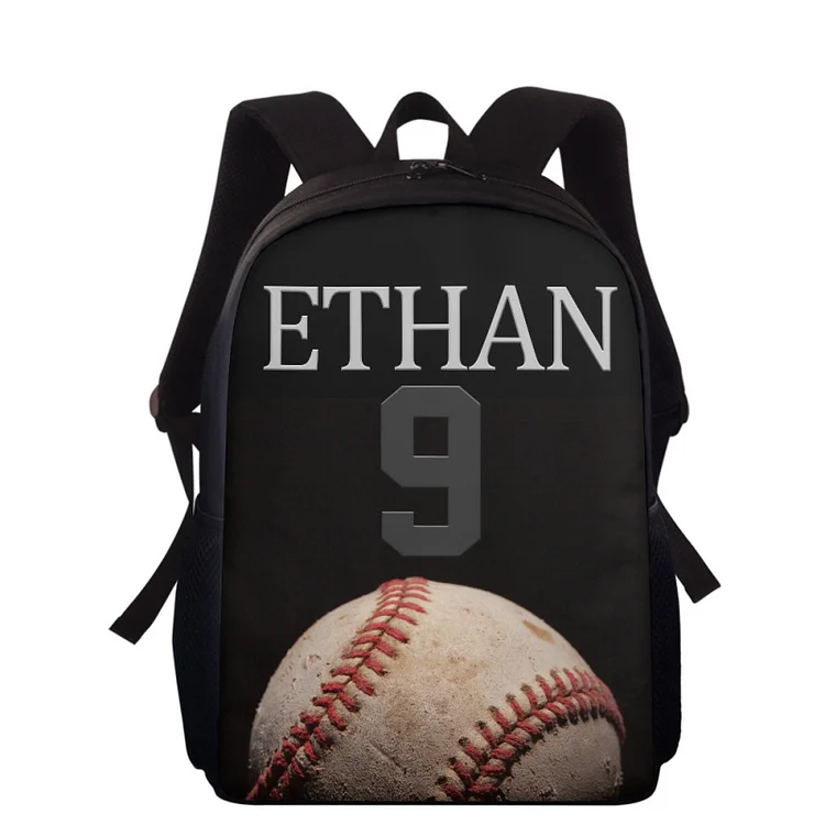 Personalized Name Baseball School Bag Boys Black Backpack, Customized Schoolbag Travel Bag For Kids
