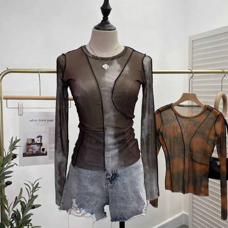Uveng Sunset Sun Dyed Elastic Mesh Yarn T-Shirt Stacked With Long-Sleeved Top Press Line T-Shirt 8980
